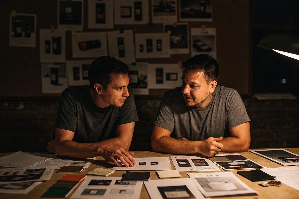 Consultant and client reviewing printed packaging comparison sheets at a table